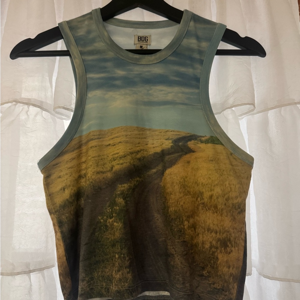 BDG Women's Scenic Print Muscle Tee in Blue and Yellow